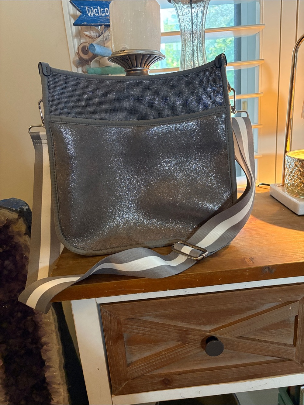 Silver Glitter Crossbody Bag with Stripe Adjustable Strap
